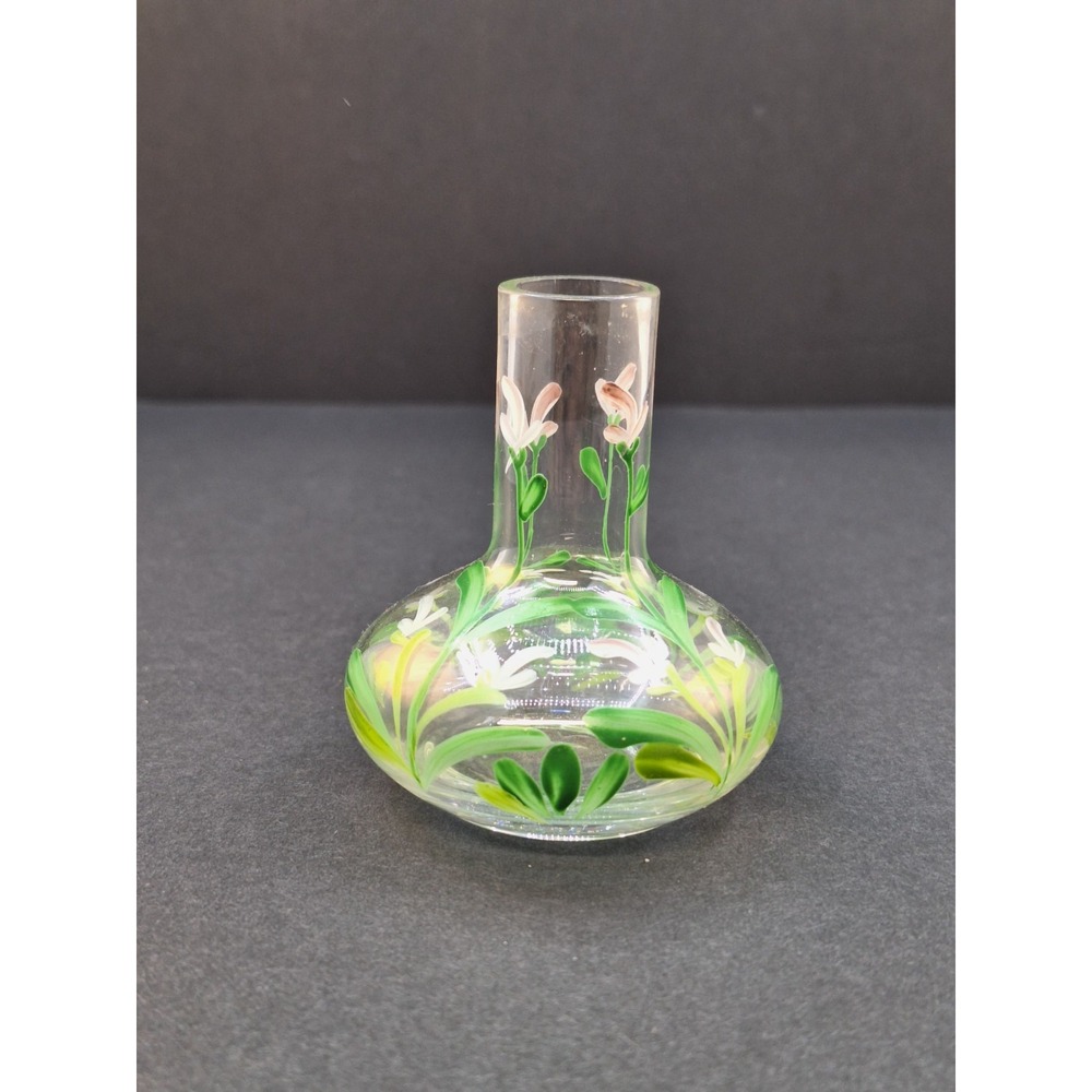 Purple Floral‎ Hand Painted Clear Glass Bubble Based Flower Vase 3" TALL